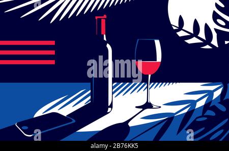 Eine Flasche und einem Glas Rotwein Stock Vektor
