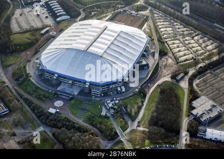 Fußballstadion veltins Arena in Gelsenkirchen im Winter, 05.12.2012, Luftbild, Deutschland, Nordrhein-Westfalen, Ruhrgebiet, Gelsenkirchen Stockfoto