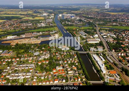 , Wasserstraßenübergang Weser und Mittellandkanal in Minden, 27.06.2011, Luftbild, Deutschland, Nordrhein-Westfalen, Minden Stockfoto