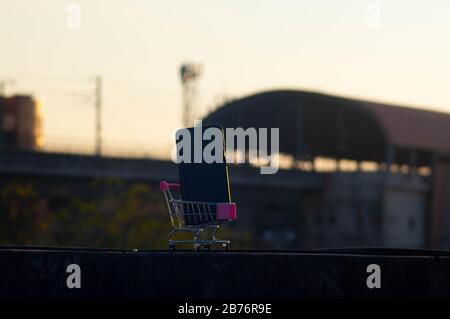Jaipur India, ca. 2020 - Foto eines Spielzeug-Gepäckwagens aus Metall und Kunststoff mit einem Handy im Korb. Der Wagen hat Punk-Colou Stockfoto