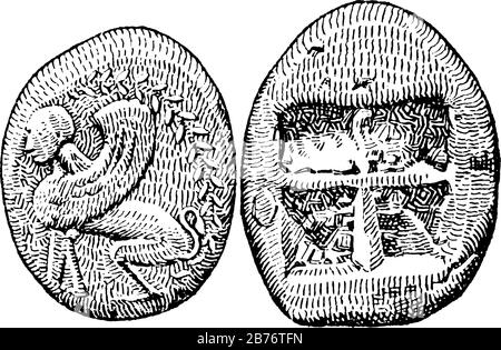 Die obverse und die umgekehrte Seite einer der ältesten Münzen. Es zeigt drei Bilder der griechischen Münze darin, Vintage-Linien-Zeichnung oder Gravur Stock Vektor