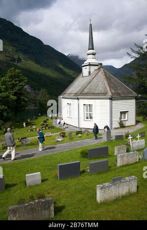 Geiranger Village Church, Geirangerfjord, Northern Fjord Region, Norwegen, Skandinavien Stockfoto