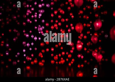 Buntes rot-violettes Weihnachtslicht magenta auf schwarzem dunklem Hintergrund. Abstrakte Girlandbeleuchtung auf schwarzem Hintergrund. Funkelnde Glühbirne garla Stockfoto