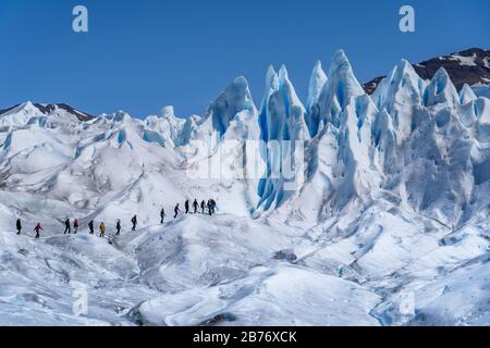 Touristen, die auf dem Perito Moreno Gletscher im Los Glaciares Nationalpark in der Nähe von El Calafate in Argentinien, Patagonien, Südamerika wandern. Stockfoto