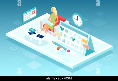 Vektor einer Geschäftsfrau, die auf einem Laptop arbeitet, um einen persönlichen Organisator zu organisieren Stock Vektor