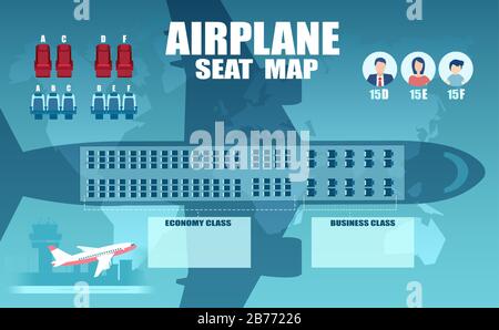 Vektor einer Flugzeugsitztabelle, Sitzplan für Passagiere mit Draufsicht. Stock Vektor