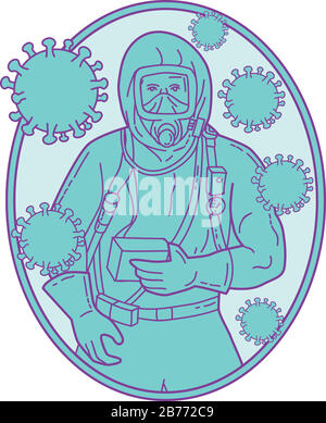 Mono-Line-Darstellung eines Arztes oder eines medizinischen Mitarbeiters, der einen Schutz- oder haz-chem-Anzug mit einem schwebenden Koronaviruszellen in ovaler Form trägt Stock Vektor