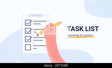 Planung und Steuerung der Aufgabenliste. Flacher Vektor die moderne Abbildung der menschlichen Hand hält gelben Bleistift, um Aufgaben im Notizblock wie erledigt zu markieren. Konzeption für Stock Vektor