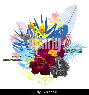 Abstrakte Blumencollage mit magentafarbenen Ponys und tropischen Blättern Stockfoto