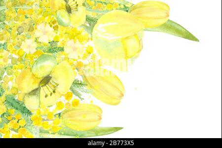 Hübscher gelber Blumenstrauß aus Mimosenästen, Tulpen und anderen Blumen Stockfoto