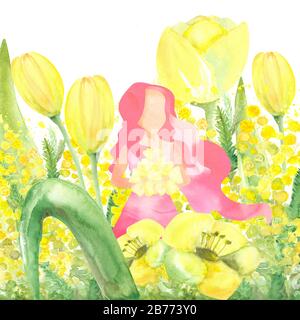 Konzeptionelles Aquarellbild der Frau in rosafarbenem Kleid und mit rosafarbenem Haar, das im blühenden gelben Blumenfeld für den internationalen Frauentag Cele steht Stockfoto