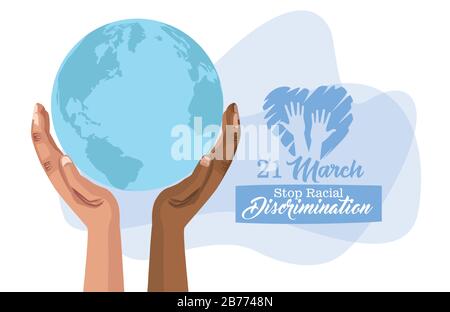 Stoppen Sie das internationale Plakat zum Rassenrassismus mit interrassischen Händen, die den Erdplaneten anheben Stock Vektor