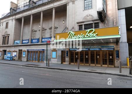 New York, NY - 13. März 2020: Sehr geehrter Evan Hansen vom Broadway Musical wegen COVID-19-Ausbruchs im Music Box Theatre abgesagt Stockfoto