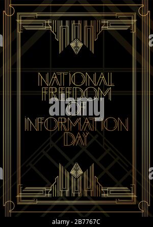 Art Deco National Freedom Of Information Day Text. Goldene dekorative Grußkarte, Schild mit Vintage-Buchstaben. Stock Vektor