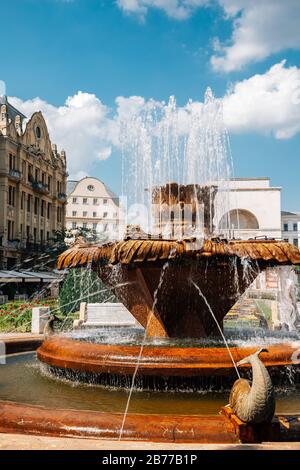 Fischbrunnen und Siegesplatz Piata victoriei in Timisoara, Rumänien Stockfoto