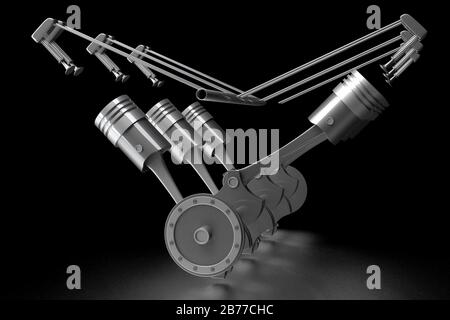 3D-Sechszylindermotor, schwarzer Hintergrund Stockfoto