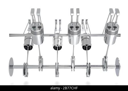 3D-Sechszylindermotor, weißer Hintergrund Stockfoto