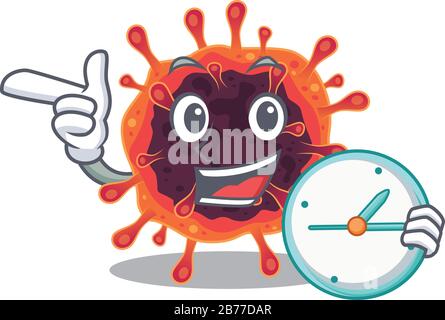 Fröhlicher Corona-Virus-Zone Cartoon-Charakter-Stil mit Uhr Stock Vektor