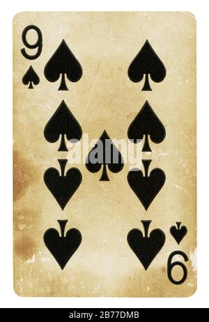 Neun Pik Vintage Playing Card - isoliert auf weißem (clipping path enthalten) Stockfoto