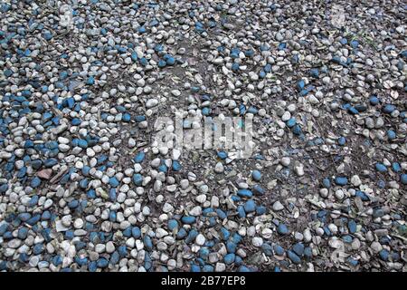 Kieselsteine aus schwarzem und weißem Stein, die auf gemahlenem Schmutz und Erde verstreut sind Stockfoto