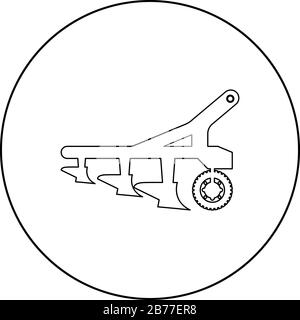 Pflug für die Kultivierung von Land vor der Aussaat von landwirtschaftlichen Produkten Traktormachanismustechnik Industriegerät Symbol in Kreis runder Umriss schwarzer Farbvektor Stock Vektor