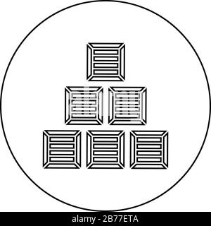 Pyramide Kisten Holz Boxen Container Symbol in Kreis rund Umriss schwarz Farbe Vektor Illustration flach Stil einfache Bild Stock Vektor