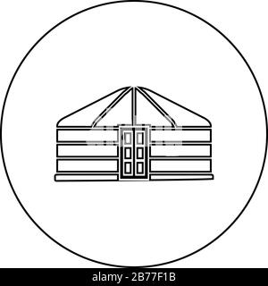 Jurte der Nomaden Portable Frame Behausung mit Tür mongolisches Zelt Abdeckung Gebäudesymbol im Kreis rund Umriss schwarz Farbe Vektor Illustration flach Stock Vektor