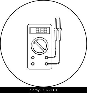 Digitalmultimeter zur Messung elektrischer Anzeigen Wechselspannung Stromstärke Ohmmeter mit Tastensymbol im Kreis runder Umriss schwarze Farbe Stock Vektor