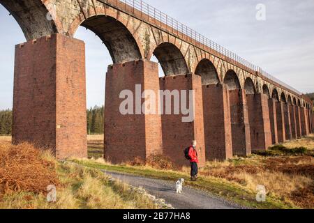 Wandern im Cairnsmore des Fleet National Nature Reserve entlang der Clints von Dromore, Galloway, Schottland, Großbritannien Stockfoto