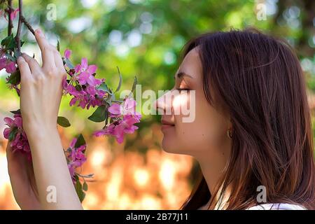 Ein junges Mädchen mit geschlossenen Augen schnüffelt rosafarbene Blumen auf apfel-baum-Zweig. Nahaufnahme des Profilprofils. Frühlingskonzept. Blumengarten im Frühjahr. Stockfoto