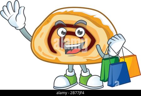 Smiley-reiches maskottchen mit Schweizer Rollen-Design und Einkaufstasche Stock Vektor