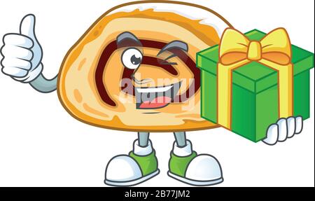 Fröhliche schweizer Roll-Zeichentrickfigur mit Geschenkbox Stock Vektor