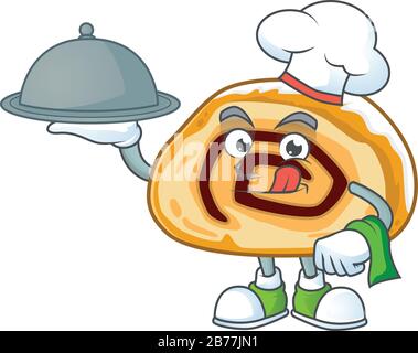 Cartoon-Charakter des Chefkochs von swiss Roll mit Speisen auf dem Tablett Stock Vektor