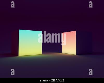 Leuchtkasten bunte Würfel auf schwarzem Hintergrund. 3D-Rendering Stockfoto