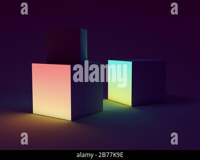 Leuchtkasten bunte Würfel auf schwarzem Hintergrund. 3D-Rendering Stockfoto