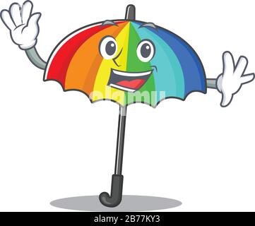 Smiley-Regenbogen-Maskottchen-Design mit winkender Hand Stock Vektor