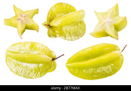 Karambolafrucht mit Scheibe Sternfrucht und isoliert auf weißem Grund. Stockfoto