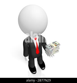 3D-Geschäftsmann hält Geld Stockfoto