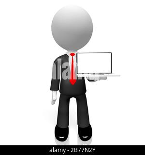 3D-Geschäftsmann mit Laptop Stockfoto