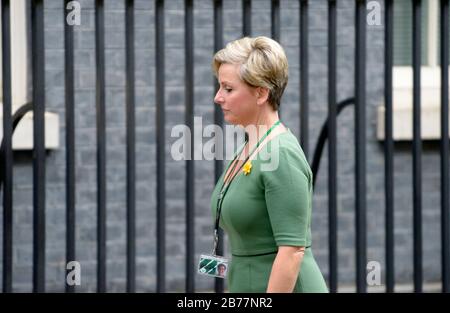 Angela Richardson MP (Con: Guildford) mit MP's ID Badge in Downing Street, 13. März 2020 Stockfoto