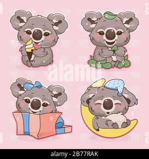 Süße Koala kawaii Cartoon Vektorfiguren gesetzt Stock Vektor