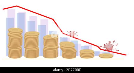 Die Wirtschaftskrise und der Rückgang der Aktienkurse im Zusammenhang mit der Pandemie COVID-19. Die Charts fallen und der Virus rollt auf sie. B. Stock Vektor