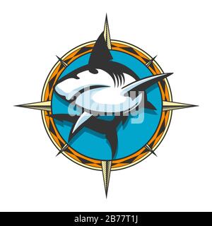 Jumping Shark on Wind Rose Hintergrund buntes Emblem. Vektorgrafiken. Stock Vektor