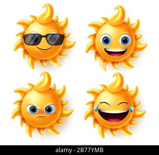 Vektorsatz für Sonnenzeichen. Süße Sommercharaktere in verschiedenen Ausdrücken wie wütend, lachend und lächelnd im 3D-realistischen Design isoliert. Stock Vektor