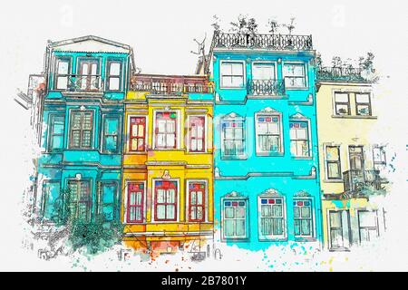 Aquarell Skizze des alten traditionellen Apartment Gebäude in der balat Bezirk von Istanbul in der Türkei. Stockfoto