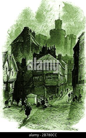 Newcastle upon Tyne, England - EIN Blick auf die Burg um 1600 (Black Gate Area). Robert Curthose, Sohn von Wilhelm dem Conqueror, baute 1080 eine Holzburg (als der Name Novum Castellum oder New Castle entstand) . Sie wurde 1087 durch eine aus Stein ersetzt und 1172 umgebaut. Der heute sichtbare Bergfried ist Teil dieser Struktur. In den 1630er Jahren starb mehr als ein Drittel der Bevölkerung (etwa 7.000) an der Plage. Stockfoto