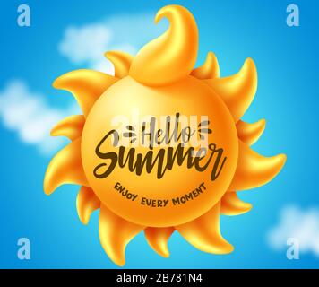 Hello Summer Vector Banner Design. Hallo Sommer genießen Sie jeden Moment Text in Sun Element für tropische Saison mit Wolken Element in blauem Hintergrund. Stock Vektor