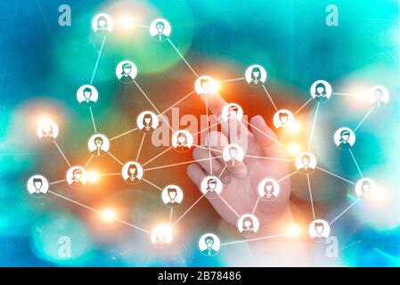 Soziale Netzwerke, Online-Freundschaften, Kontakte, Follower. HUD, Hologramme. Internetverbindungen. Netzwerk und Kontakte, Unternehmensnetzwerk Stockfoto