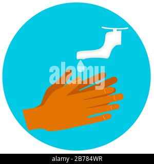 Darstellung der Hygiene. Farbiges Handwaschsymbol im flachen Design. Wasserhahn mit Wassertropfen über dem Waschen der Hände im Kreis. Stockfoto