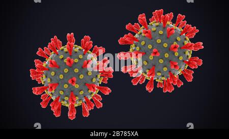 Neuartiges Coronavirus mit roten Proteinvorfällen, das sich am Rezeptor im menschlichen Körper anheftet Stockfoto